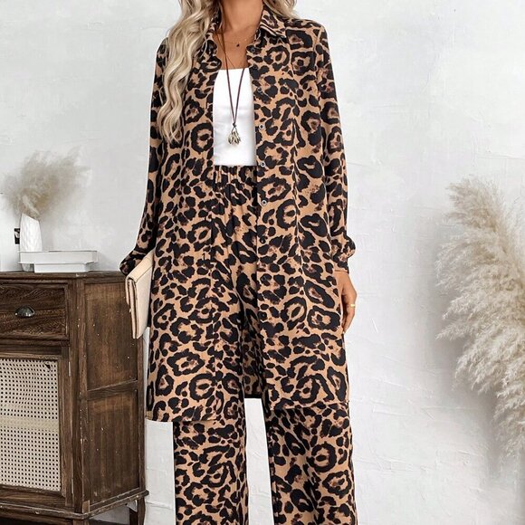 Tops - Multicolor Casual Women's Loose Fit Leopard Print Blouse & Pants Set